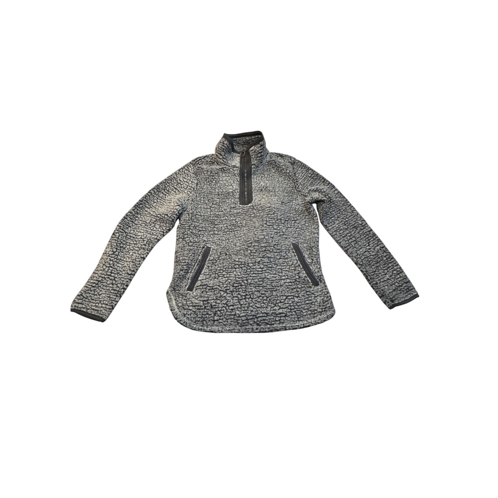 Cozy Sherpa Kids Medium Pullover‎ Fleece Jacket Gray Black Quarter Zip Pockets